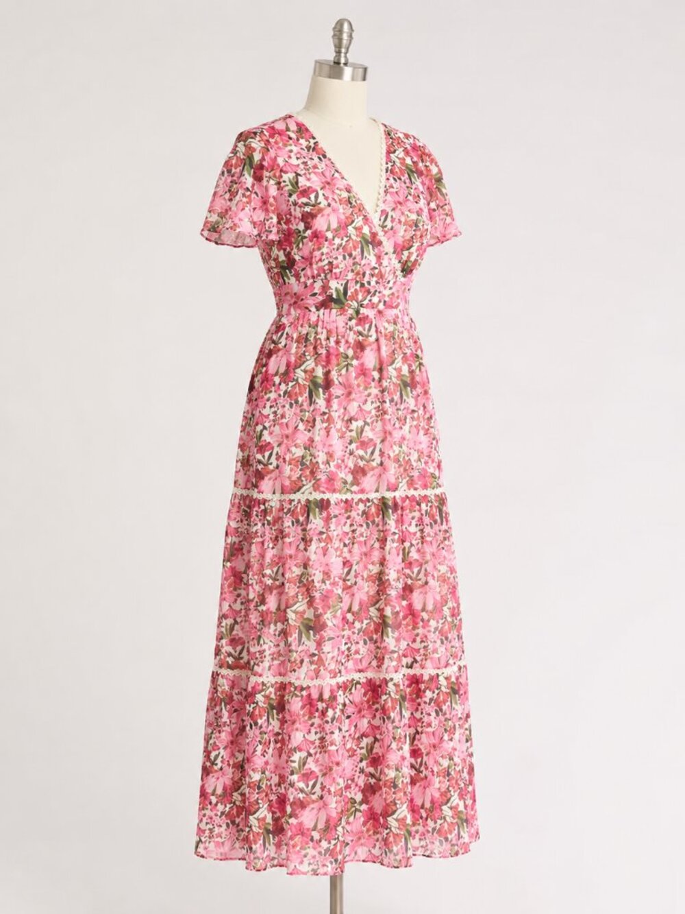 Anne Klein Women 10 Rose Floral Flutter Sleeve Tiered Maxi Dress NWT - Picture 3 of 10